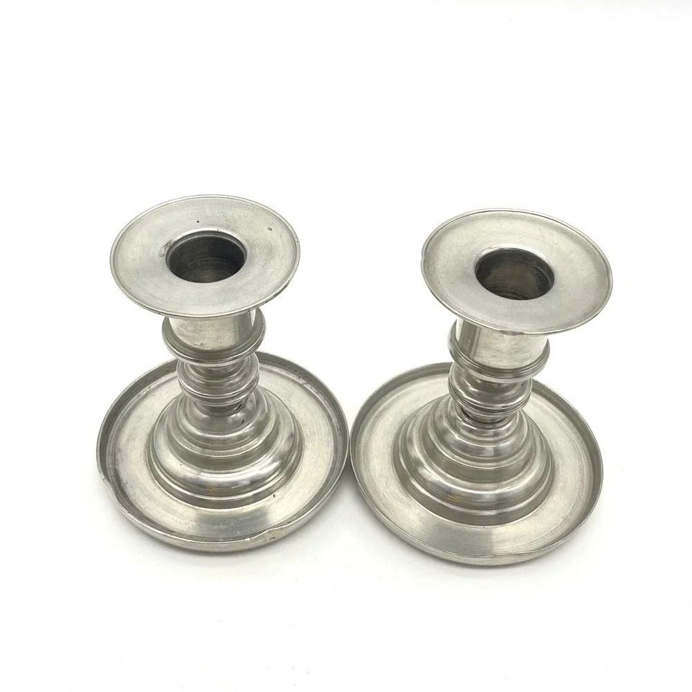 Vintage Pewter Candlestick Holders Pair Baluster Stem Weighted Metal